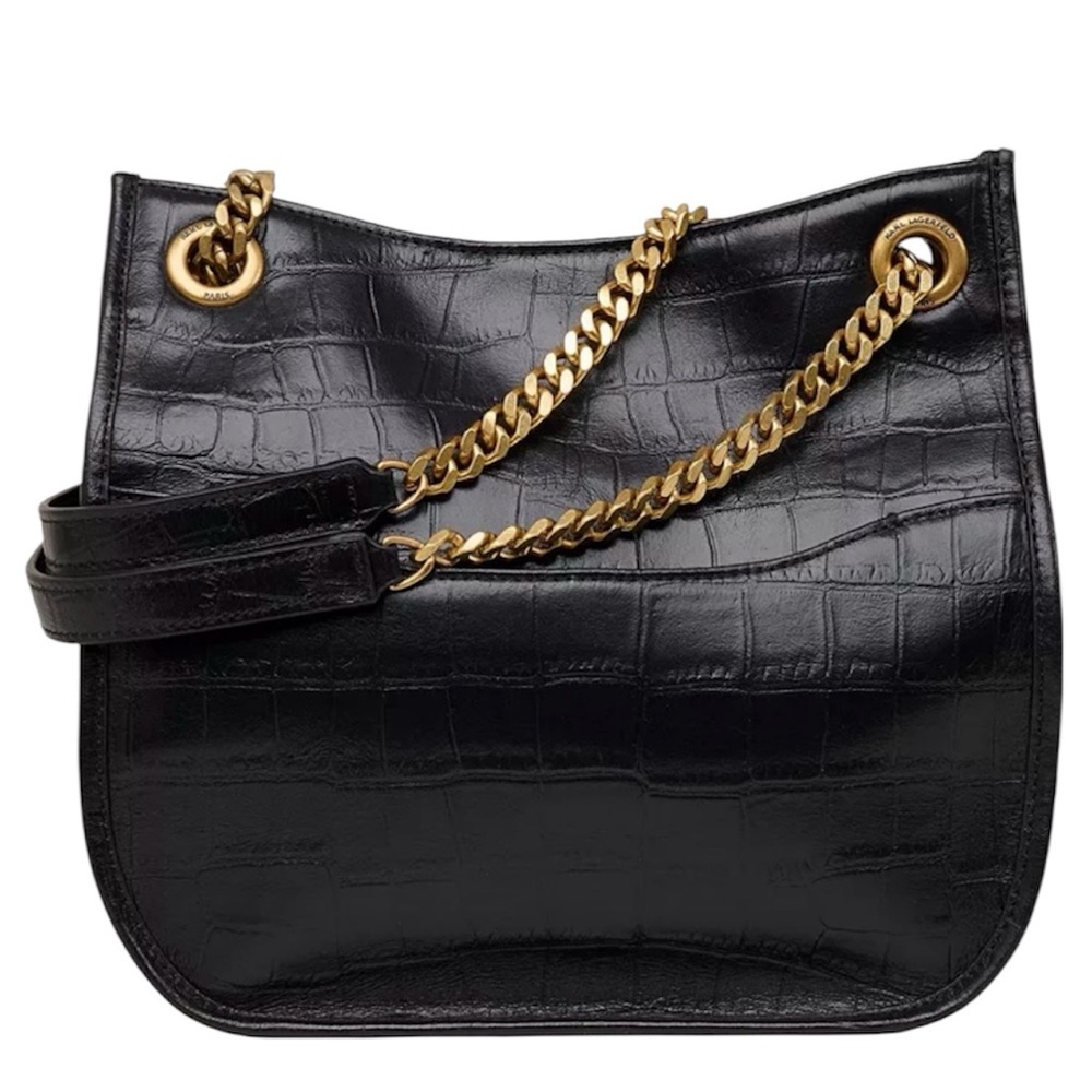 Karl Lagerfeld Paris Black Croc-Embossed Leather gold chain strap hobo bag - Picture 5 of 16